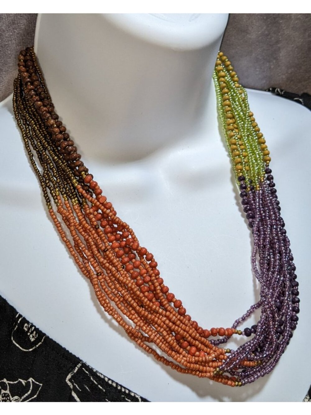 Vintage Multi Strand Seed Bead Necklace Color Block Boho Statement Jewelry